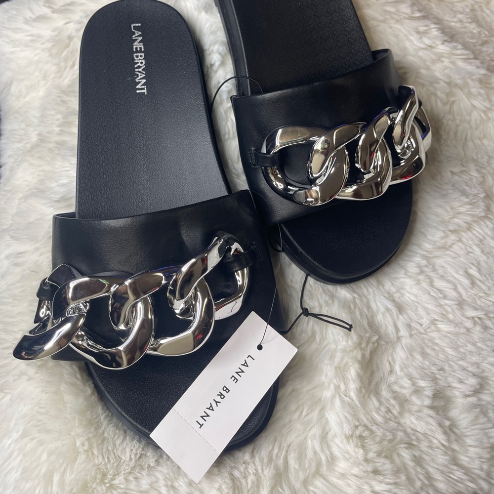 NWT Lane Bryant Black Dream Cloud Chain Slide Sandals Wide Width 10W